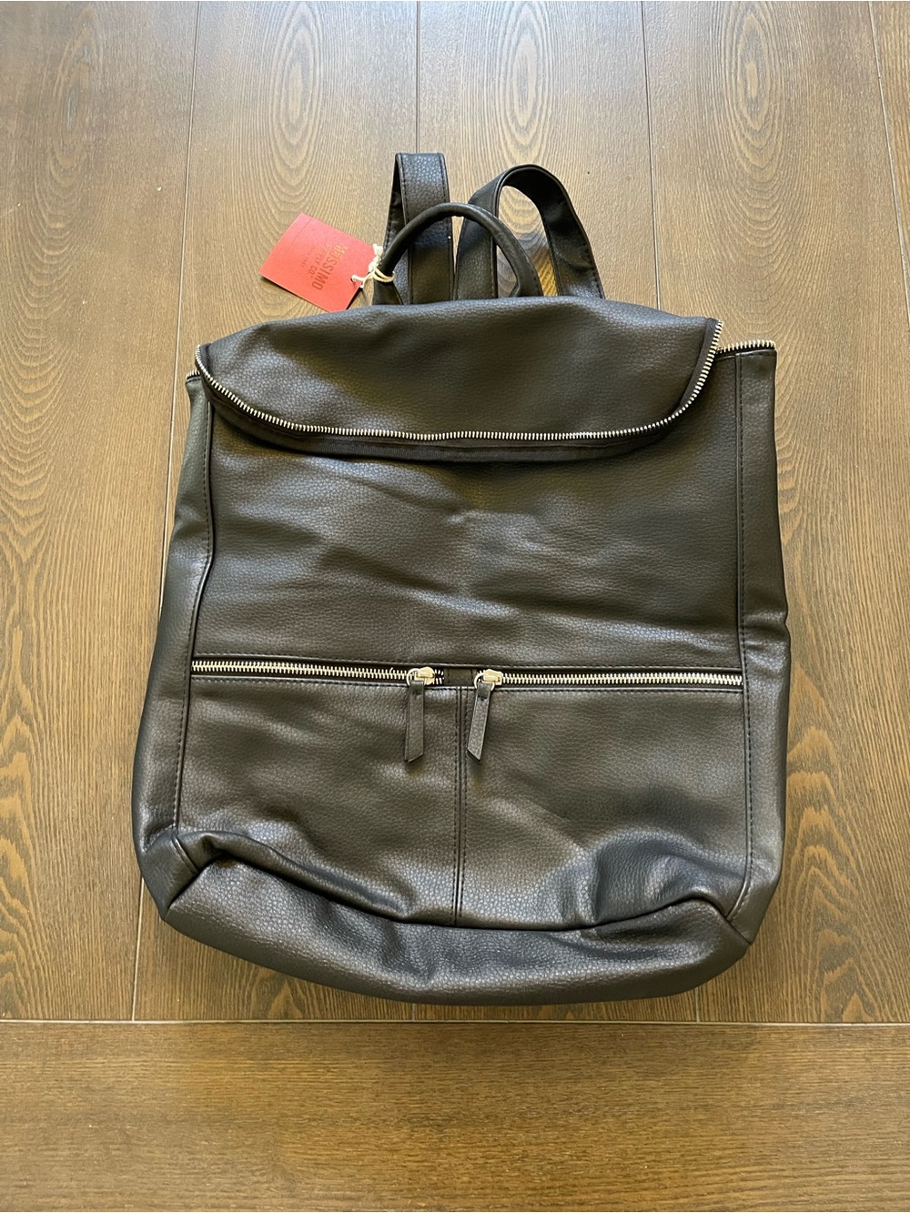 Black Faux Leather Women's Backpack with Front Zip Pocket